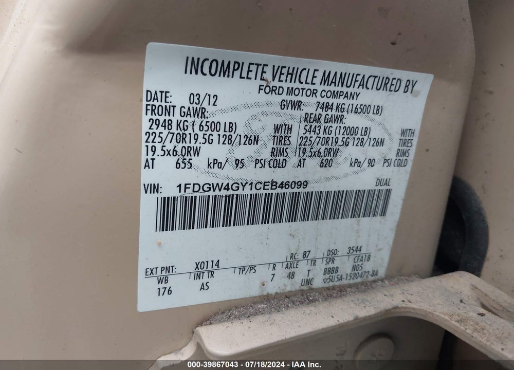 2012 FORD F-450 CHASSIS XL VIN: 1FDGW4GY1CEB46099