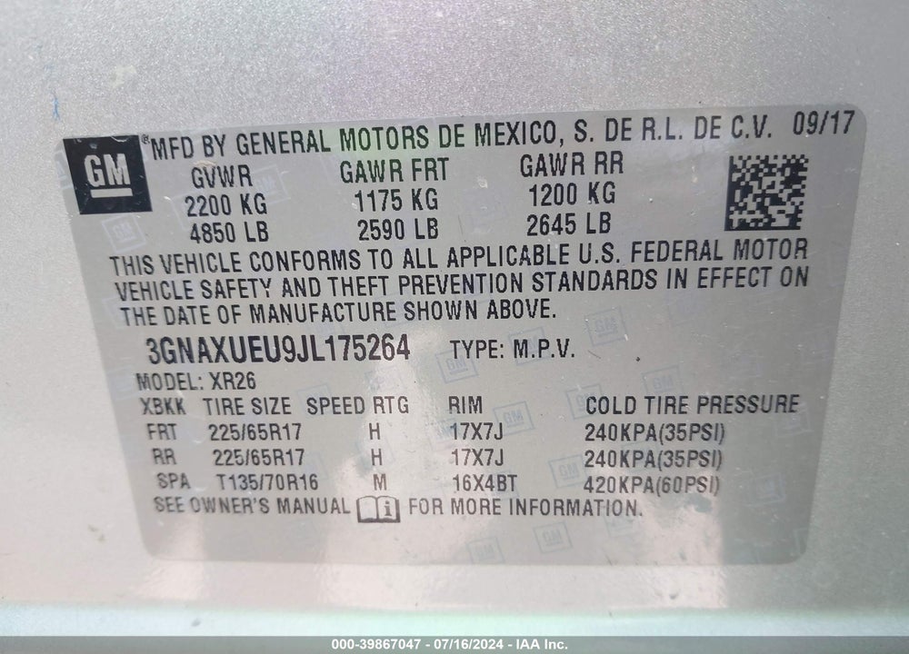2018 CHEVROLET EQUINOX LT VIN: 3GNAXUEU9JL175264