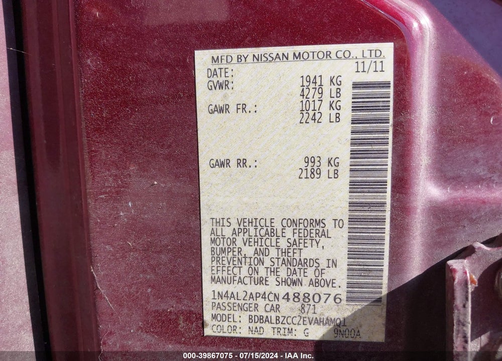 2012 NISSAN ALTIMA 2.5 S VIN: 1N4AL2AP4CN488076