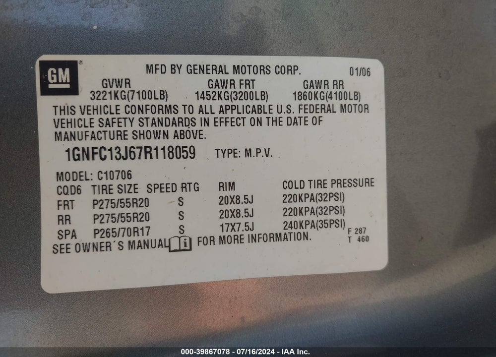 2007 CHEVROLET TAHOE LTZ VIN: 1GNFC13J67R118059
