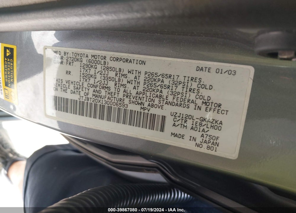 2003 LEXUS GX 470 VIN: JTJBT20X130006593