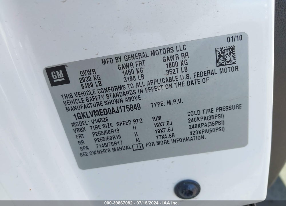 2010 GMC ACADIA SLT-1 VIN: 1GKLVMED0AJ175849