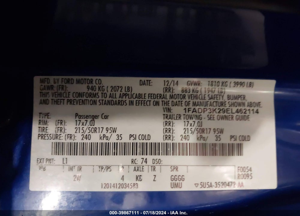 2014 FORD FOCUS VIN: 1FADP3K29EL462114