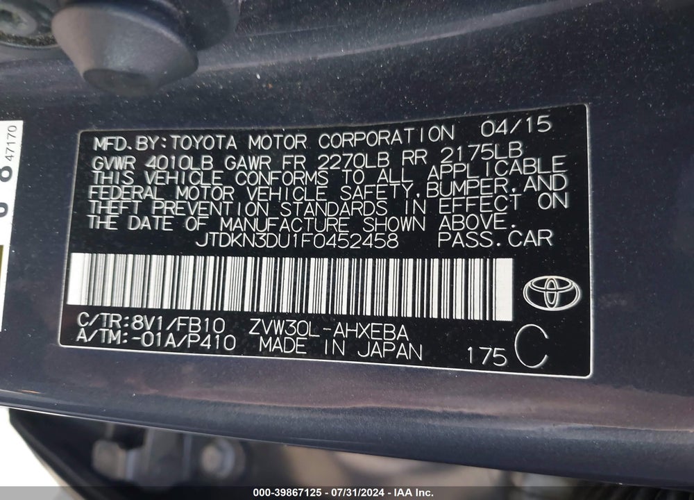 2015 TOYOTA PRIUS TWO VIN: JTDKN3DU1F0452458
