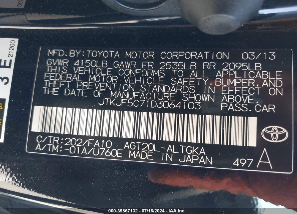 2013 SCION TC VIN: JTKJF5C71D3064103