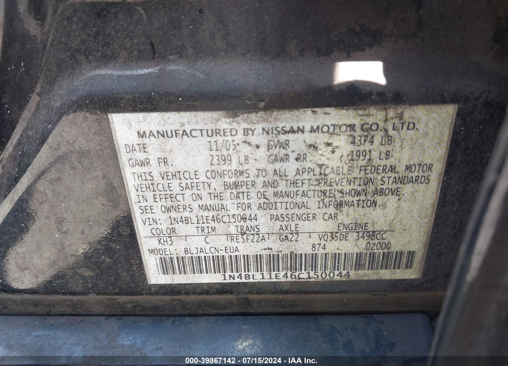 2006 NISSAN ALTIMA 3.5 SE VIN: 1N4BL11E46C150044
