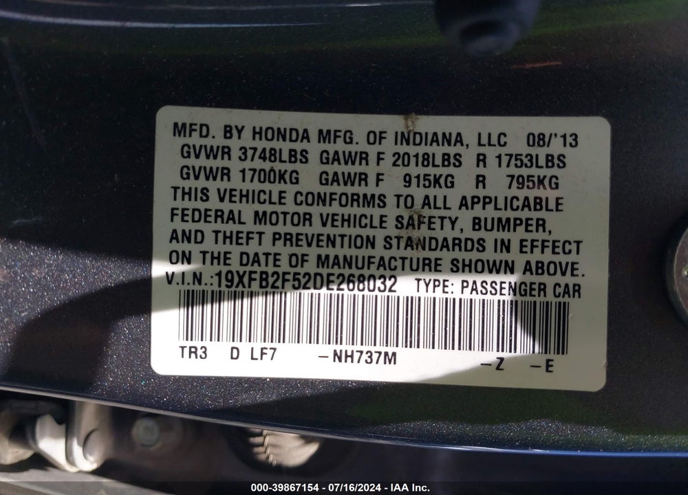 2013 HONDA CIVIC LX VIN: 19XFB2F52DE268032