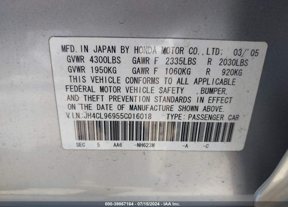 2005 ACURA TSX VIN: JH4CL96955C016018