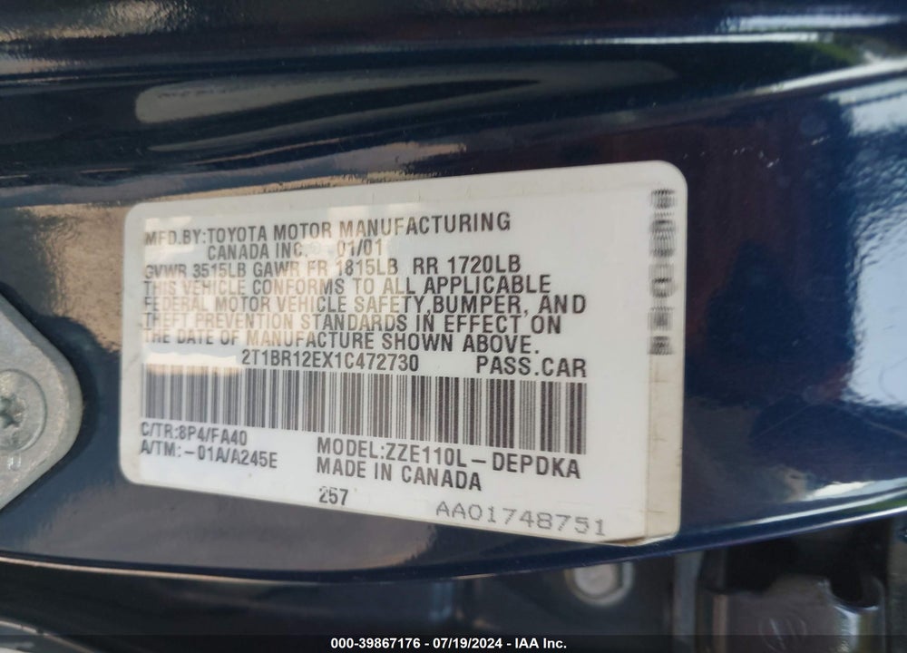 2001 TOYOTA COROLLA LE VIN: 2T1BR12EX1C472730