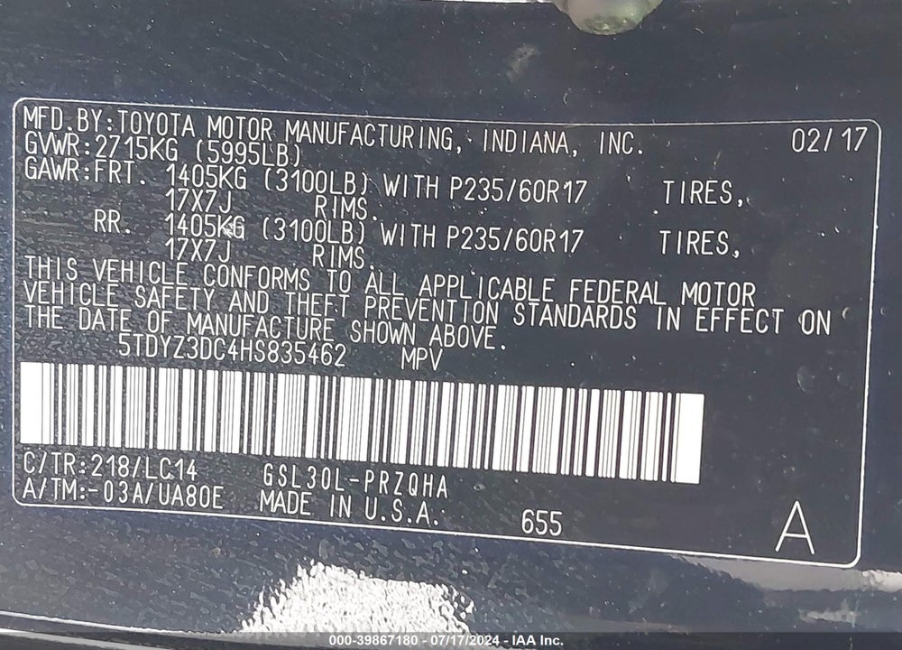 2017 TOYOTA SIENNA XLE 8 PASSENGER VIN: 5TDYZ3DC4HS835462