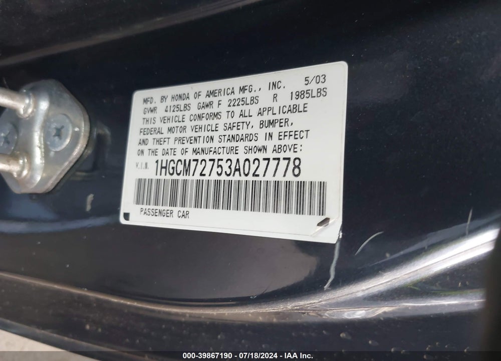 2003 HONDA ACCORD 2.4 EX VIN: 1HGCM72753A027778