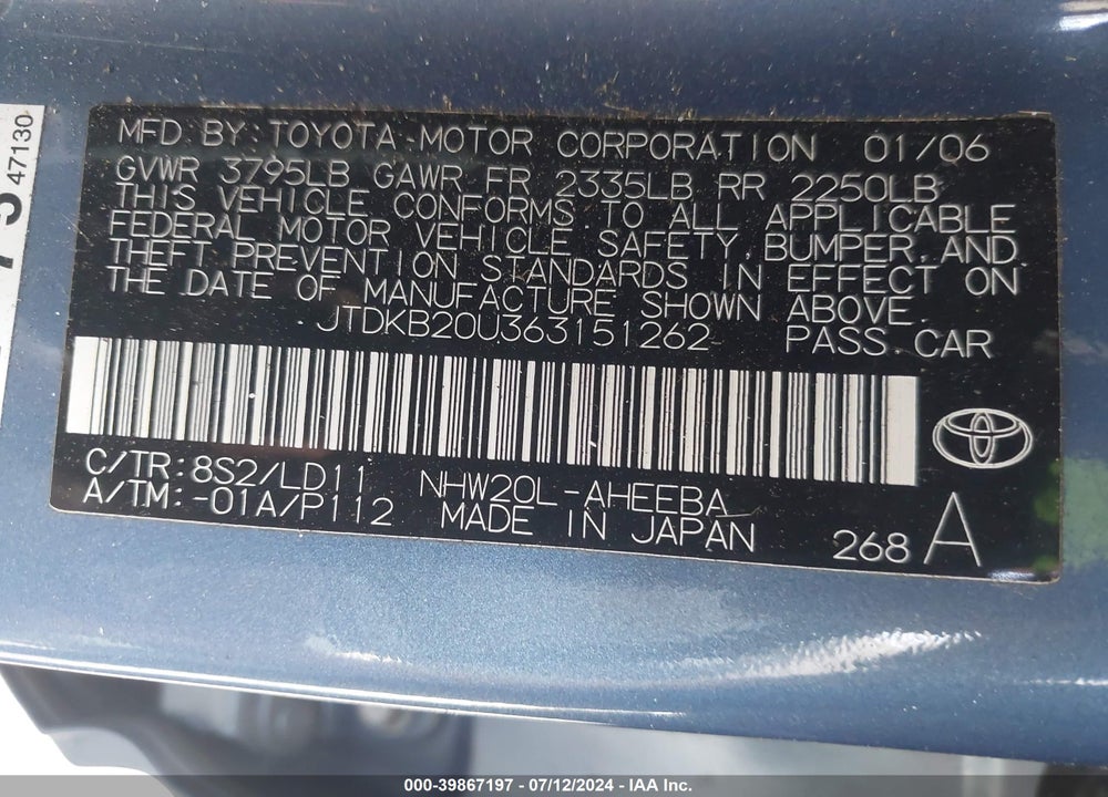 2006 TOYOTA PRIUS VIN: JTDKB20U363151262
