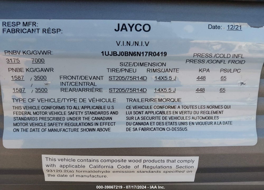 2022 JAYCO JAY FLIGHT 242BHS VIN: 1UJBJ0BN6N17R0419