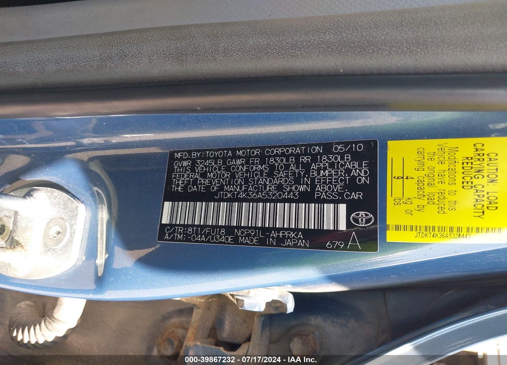 2010 TOYOTA YARIS VIN: JTDKT4K36A5320443