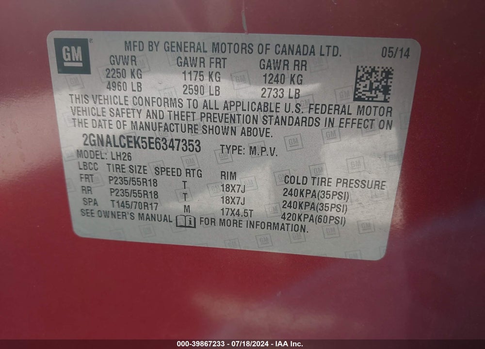 2014 CHEVROLET EQUINOX 2LT VIN: 2GNALCEK5E6347353
