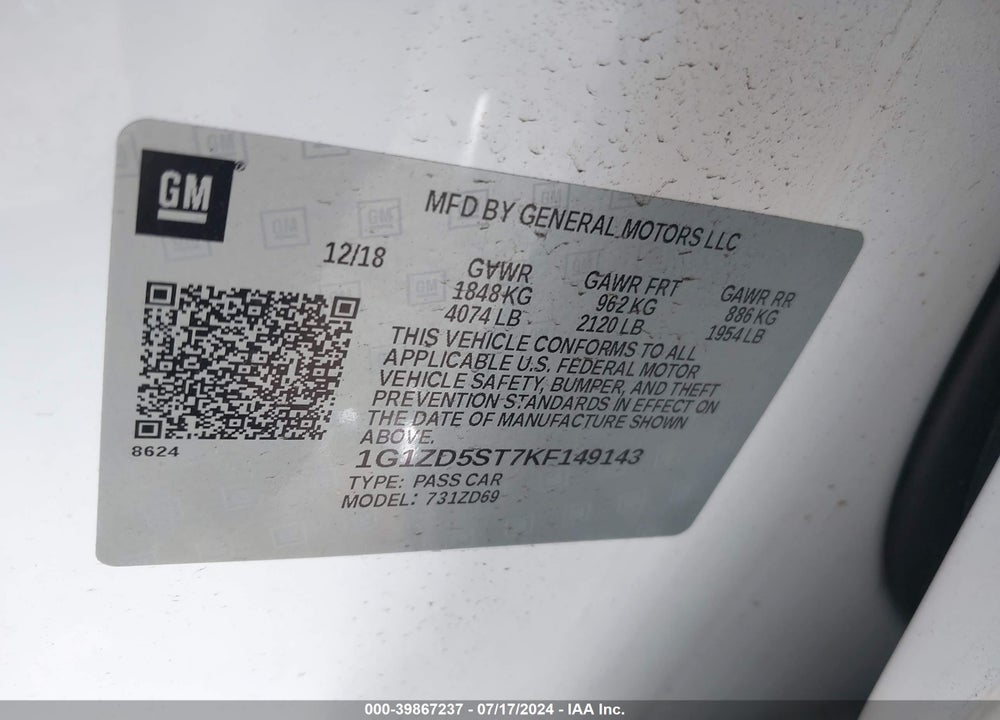 2019 CHEVROLET MALIBU LT VIN: 1G1ZD5ST7KF149143