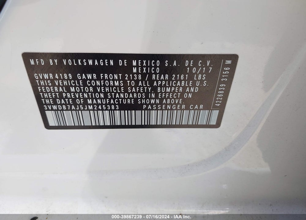 2018 VOLKSWAGEN JETTA 1.4T SE/1.4T WOLFSBURG EDITION VIN: 3VWDB7AJ5JM245383
