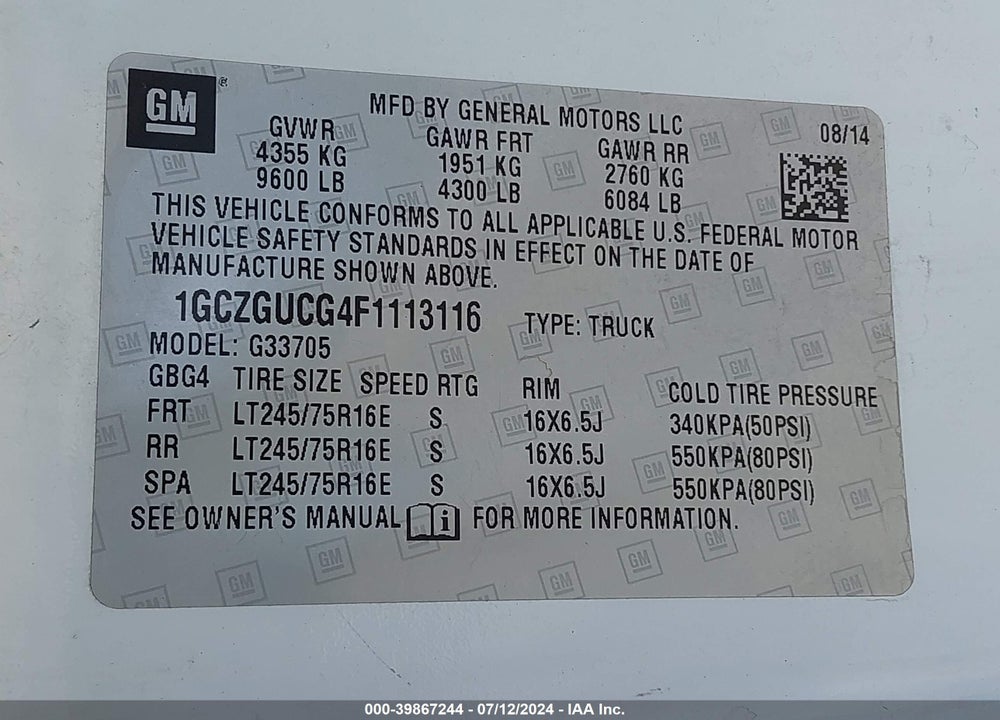2015 CHEVROLET EXPRESS 3500 WORK VAN VIN: 1GCZGUCG4F1113116