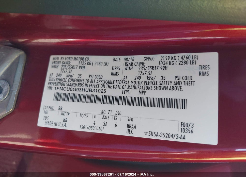 2017 FORD ESCAPE SE VIN: 1FMCU0G93HUB31025