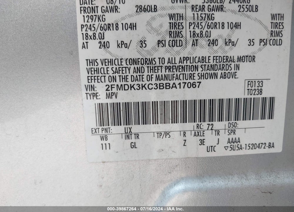 2011 FORD EDGE LIMITED VIN: 2FMDK3KC3BBA17067