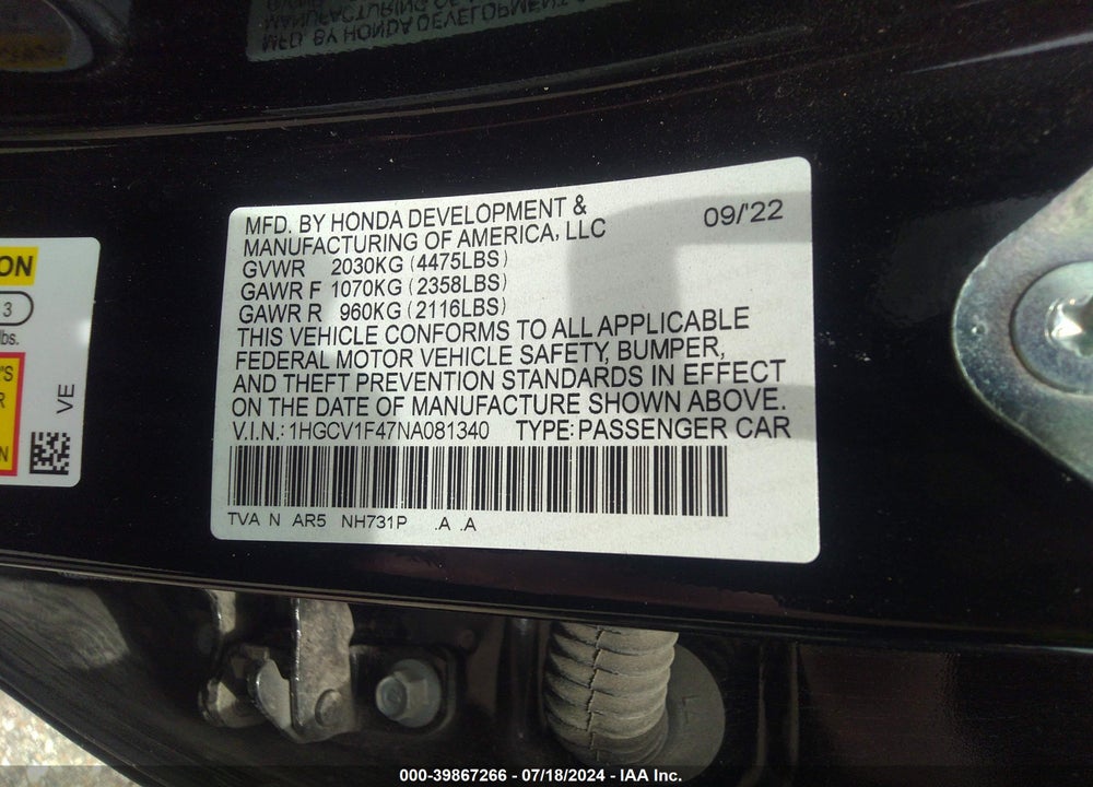 2022 HONDA ACCORD SPORT SPECIAL EDITION VIN: 1HGCV1F47NA081340