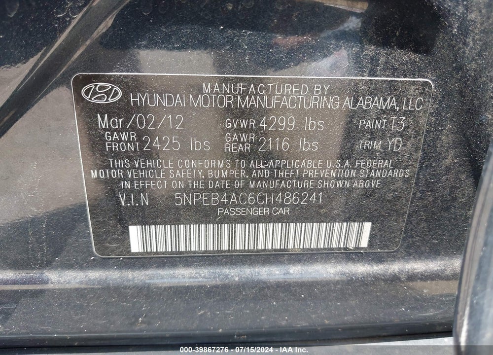 2012 HYUNDAI SONATA GLS VIN: 5NPEB4AC6CH486241
