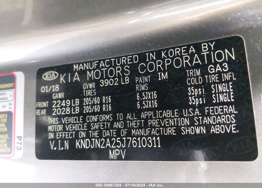 2018 KIA SOUL VIN: KNDJN2A25J7610311