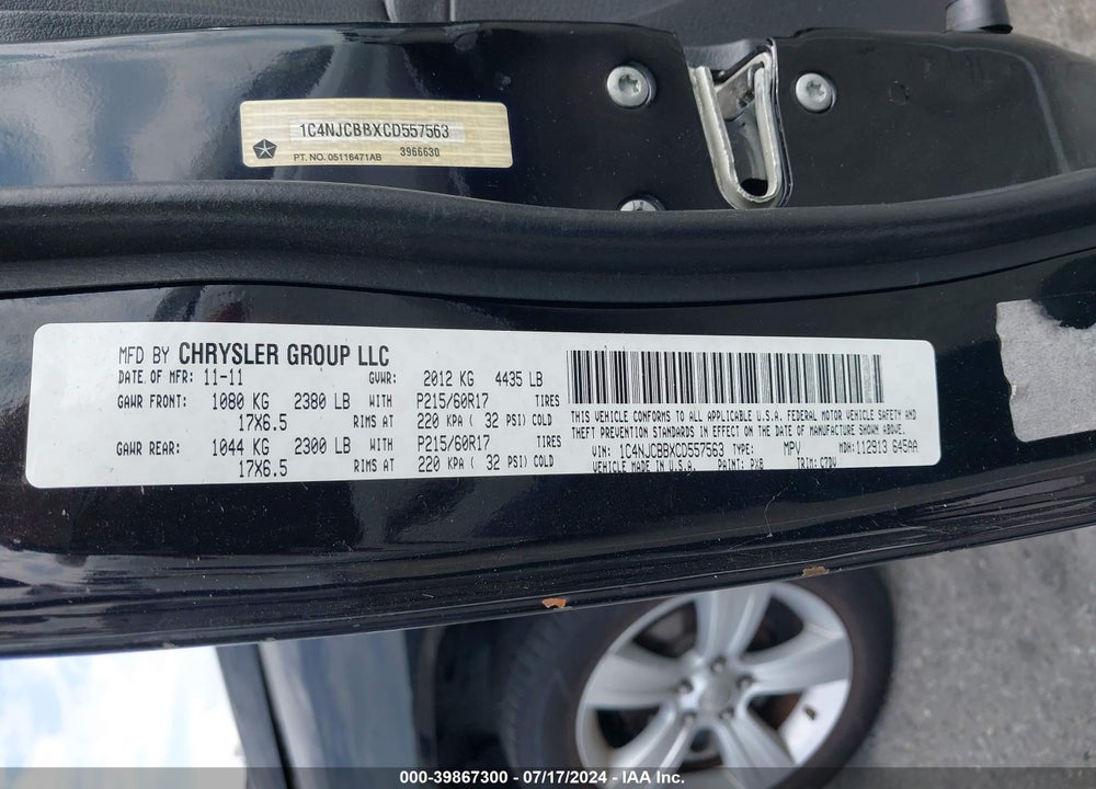 2012 JEEP COMPASS SPORT VIN: 1C4NJCBBXCD557563