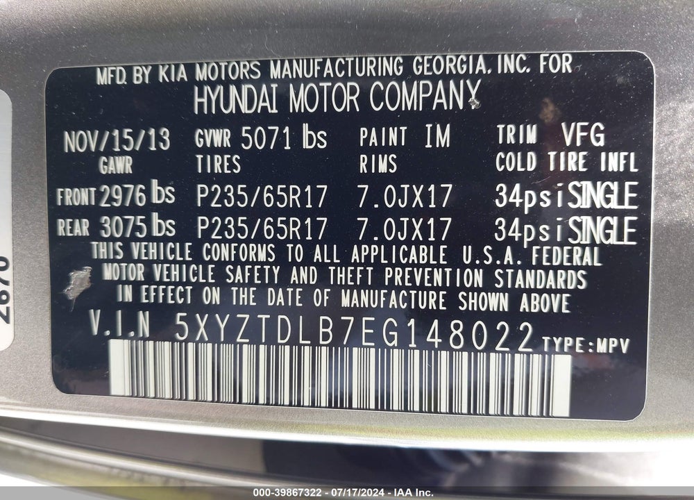 2014 HYUNDAI SANTA FE SPORT 2.4L VIN: 5XYZTDLB7EG148022