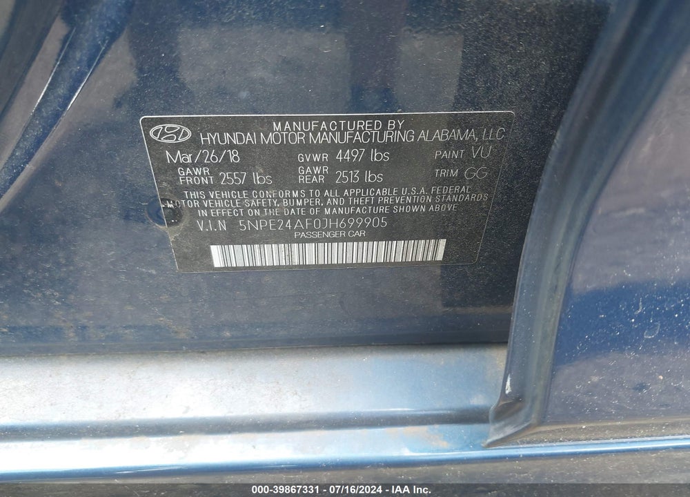 2018 HYUNDAI SONATA SE VIN: 5NPE24AF0JH699905
