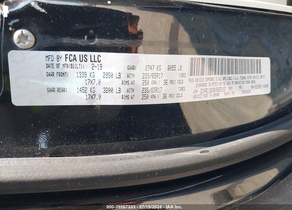 2019 CHRYSLER PACIFICA TOURING L VIN: 2C4RC1BG9KR655197