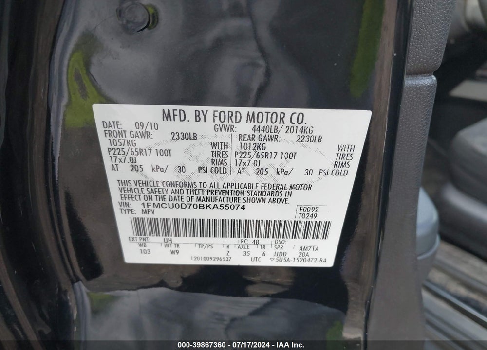 2011 FORD ESCAPE XLT VIN: 1FMCU0D70BKA55074