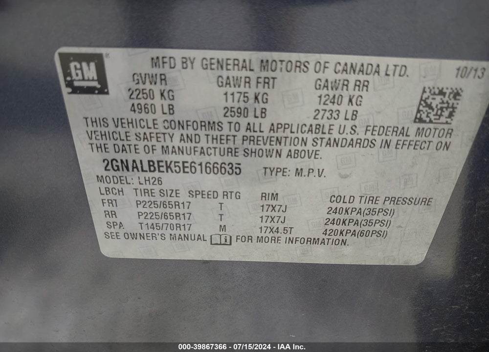 2014 CHEVROLET EQUINOX 1LT VIN: 2GNALBEK5E6166635