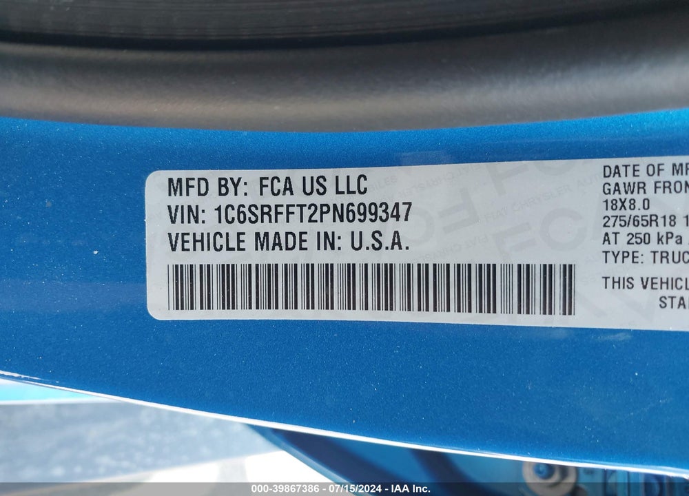 2023 RAM 1500 BIG HORN 4X4 5'7 BOX VIN: 1C6SRFFT2PN699347
