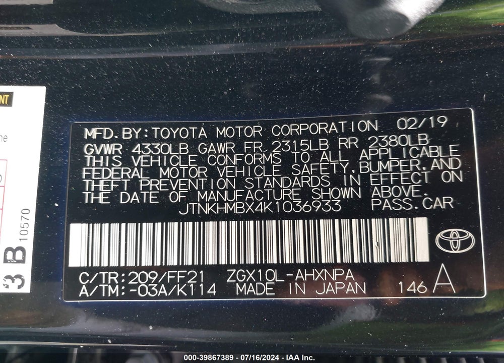2019 TOYOTA C-HR XLE VIN: JTNKHMBX4K1036933