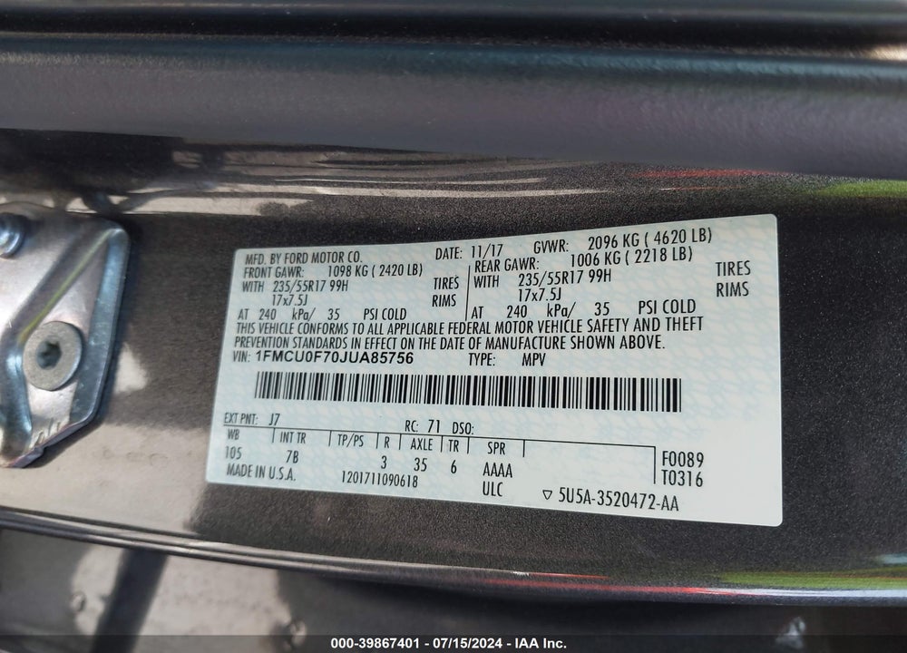 2018 FORD ESCAPE S VIN: 1FMCU0F70JUA85756