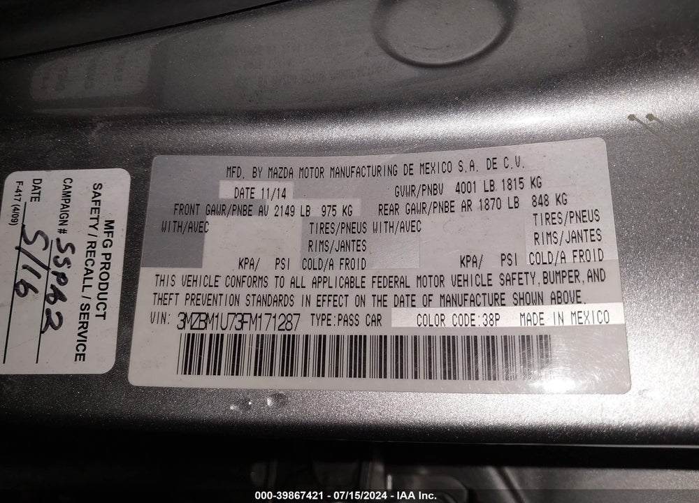 2015 MAZDA 3 I SPORT VIN: 3MZBM1U73FM171287