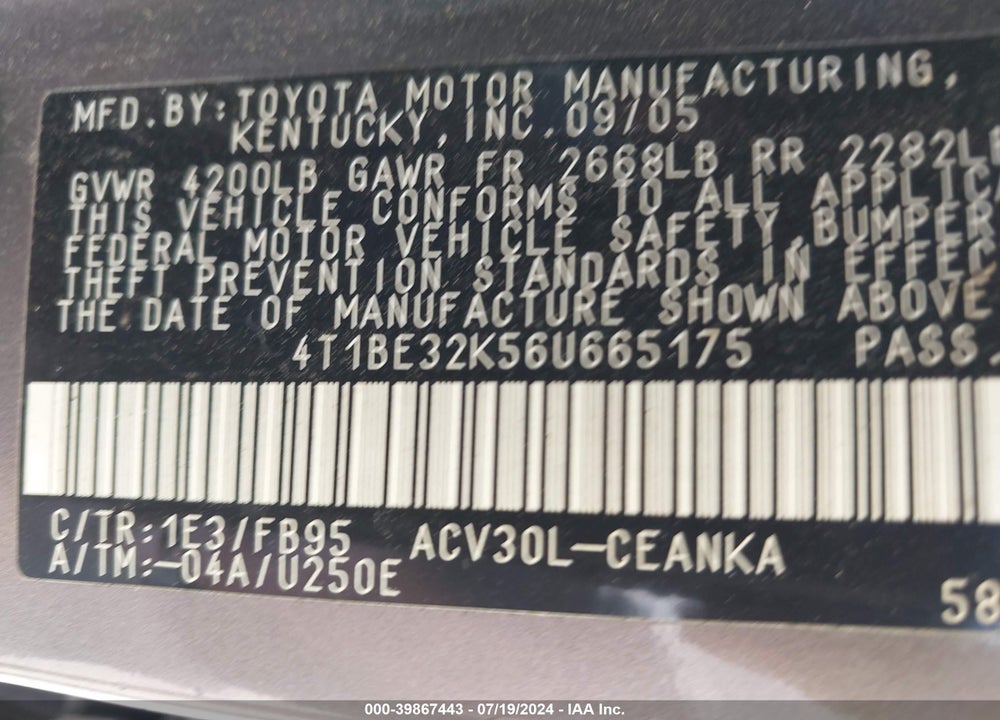 2006 TOYOTA CAMRY LE VIN: 4T1BE32K56U665175