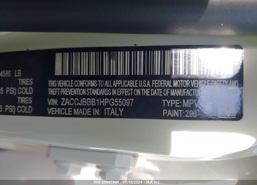 2017 JEEP RENEGADE ALTITUDE 4X4 VIN: ZACCJBBB1HPG55097
