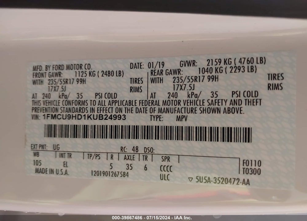 2019 FORD ESCAPE SEL VIN: 1FMCU9HD1KUB24993