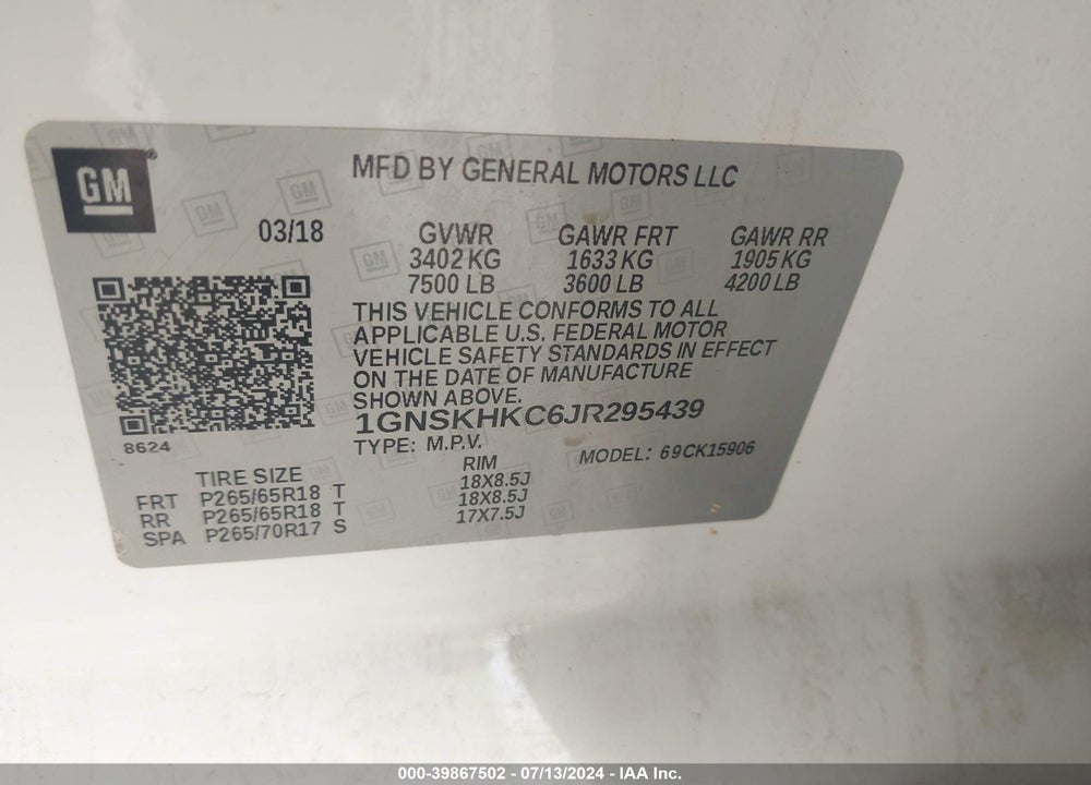 2018 CHEVROLET SUBURBAN LT VIN: 1GNSKHKC6JR295439