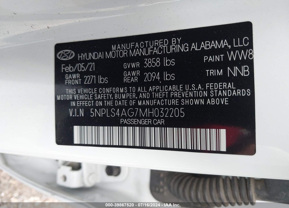 2021 HYUNDAI ELANTRA SEL VIN: 5NPLS4AG7MH032205