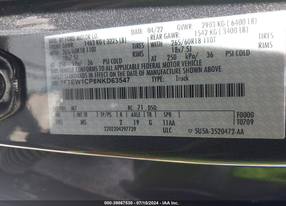 2022 FORD F-150 XLT VIN: 1FTEW1CP8NKD63547