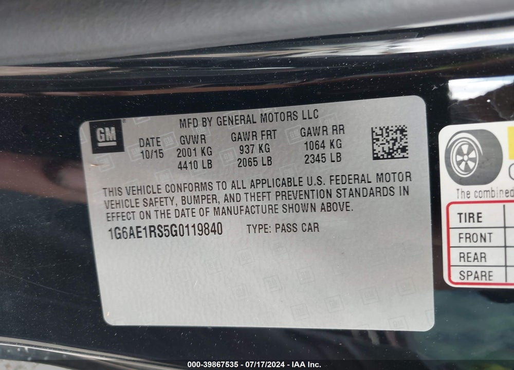 2016 CADILLAC ATS PREMIUM COLLECTION VIN: 1G6AE1RS5G0119840