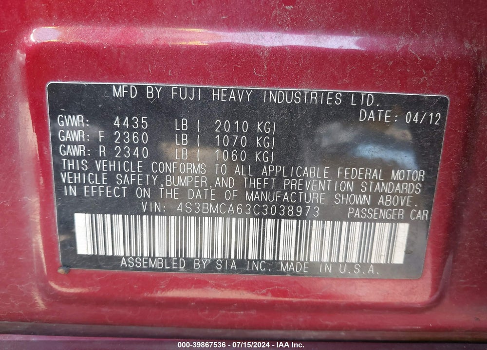 2012 SUBARU LEGACY 2.5I VIN: 4S3BMCA63C3038973