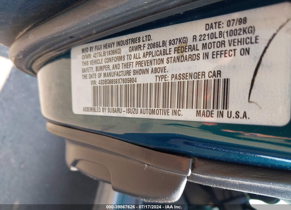 1999 SUBARU LEGACY 30TH ANN. OUTBACK LTD./OUTBACK VIN: 4S3BG6859X7605904