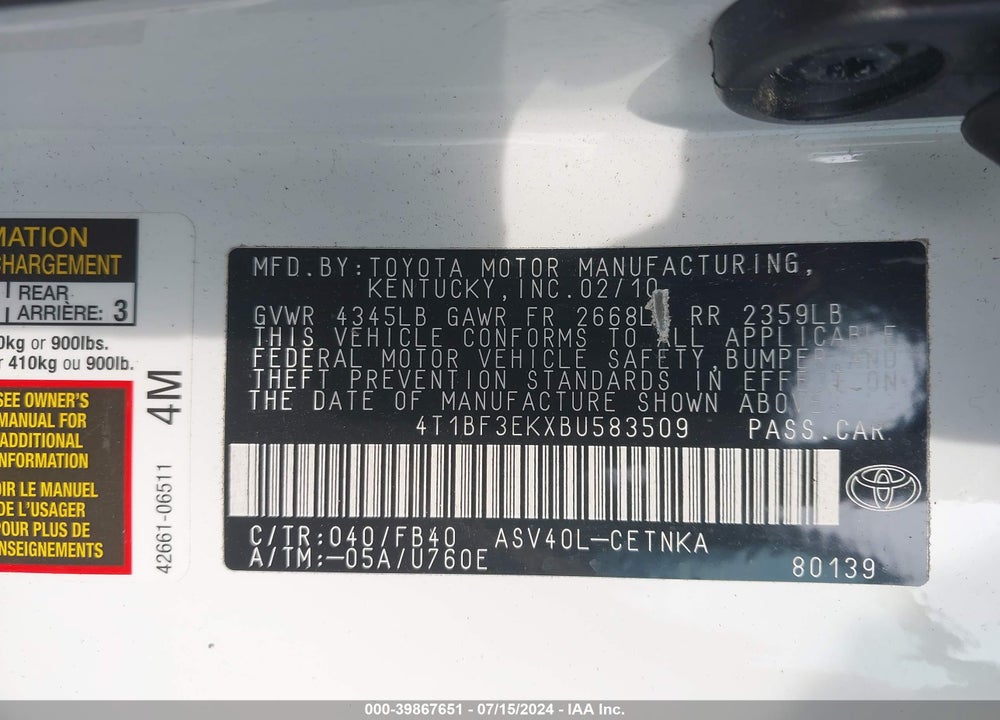 2011 TOYOTA CAMRY LE VIN: 4T1BF3EKXBU583509
