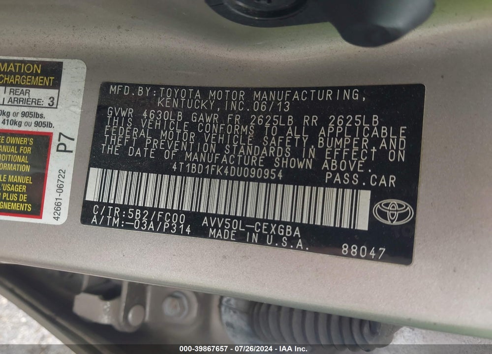 2013 TOYOTA CAMRY HYBRID XLE VIN: 4T1BD1FK4DU090954