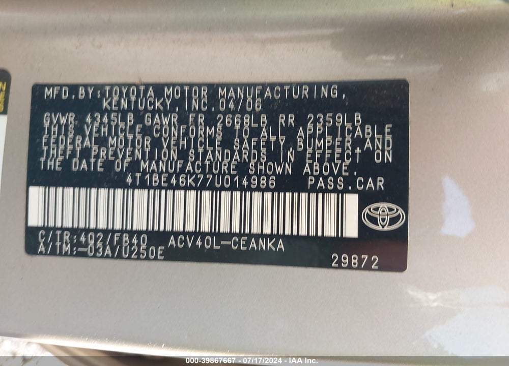2007 TOYOTA CAMRY CE VIN: 4T1BE46K77U014986