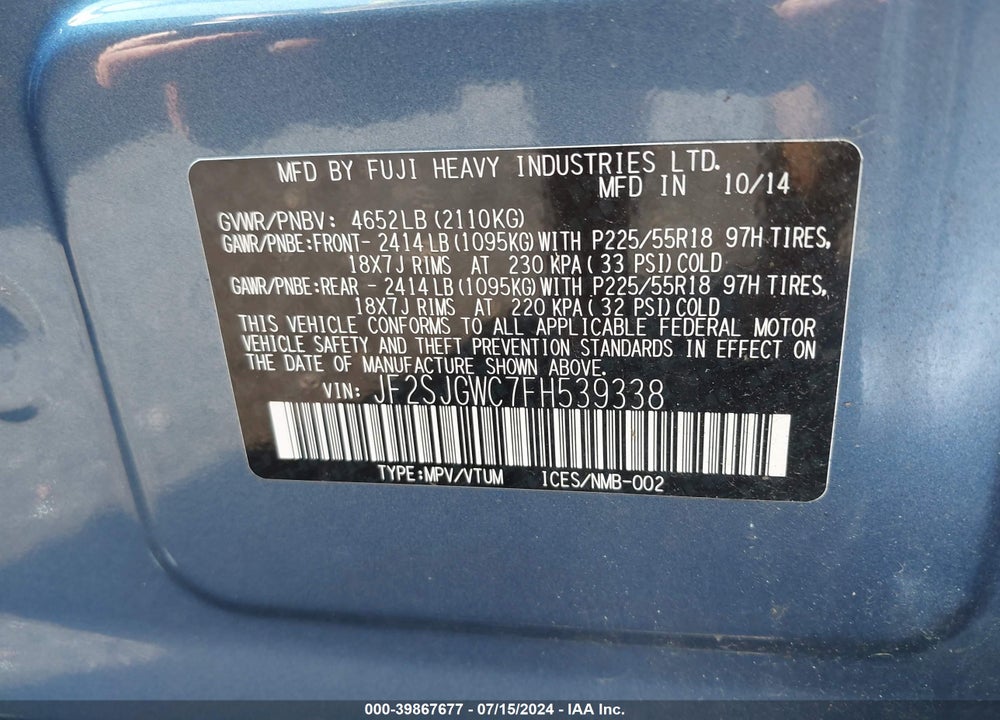 2015 SUBARU FORESTER VIN: JF2SJGWC7FH539338